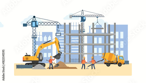 Illustration of construction site with workers and heavy machinery building a skyscraper