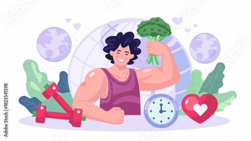 Healthy lifestyle concept with muscular man holding broccoli dumbbells and heart symbol