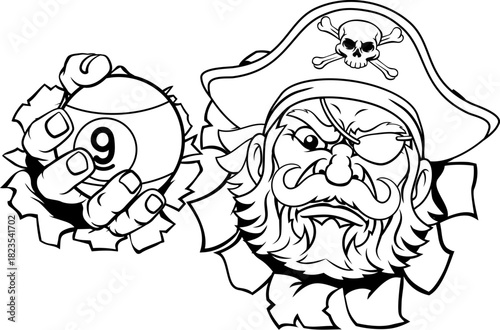 Pirate nine ball pool billiards sports mascot holding a 9 ball cartoon illustration