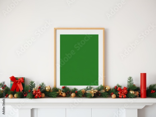 Christmas mantel decor with green screen picture frame mockup