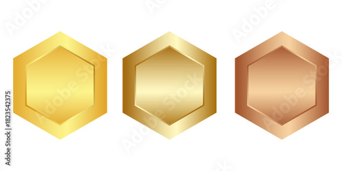 Gold, silver and bronze metal circle frames 3d vector realistic illustration. First, second and third place medals or buttons isolated on white background. Certified. Quality blank, empty badge set.