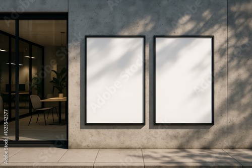 Two blank posters on concrete wall outside modern office building with glass windows and shadows from trees creating natural light effect. Ai generative