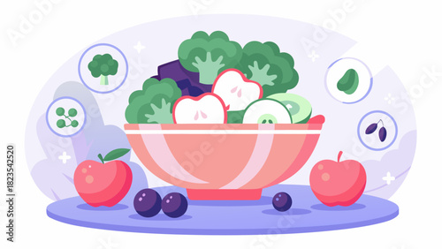 A vibrant illustration of a healthy salad bowl overflowing with fresh fruits and vegetables symbolizing a nutritious diet