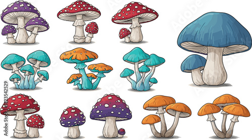 Set of colorful fantasy mushroom illustrations, red amanita muscaria and magic fungi vector collection, isolated nature elements on white background