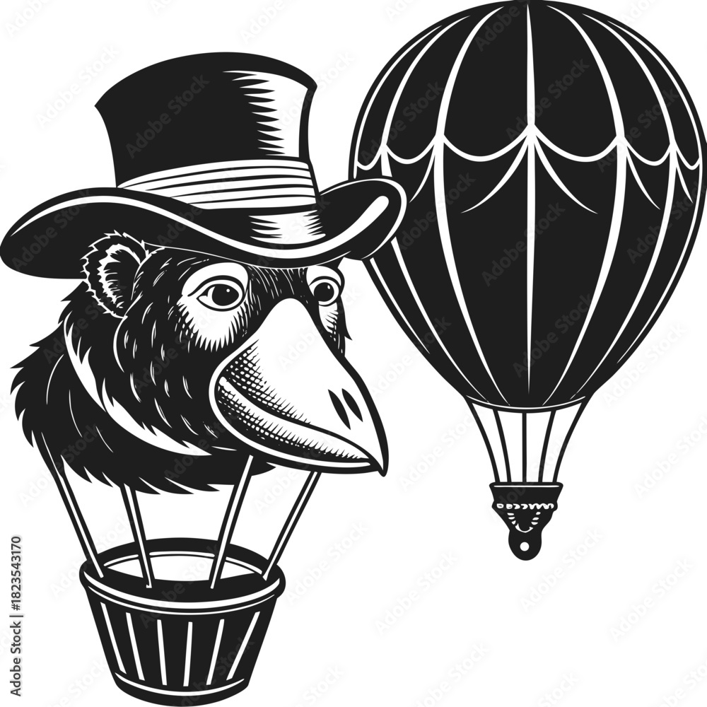 Obraz premium Raven in top hat in hot air balloon basket, whimsical design