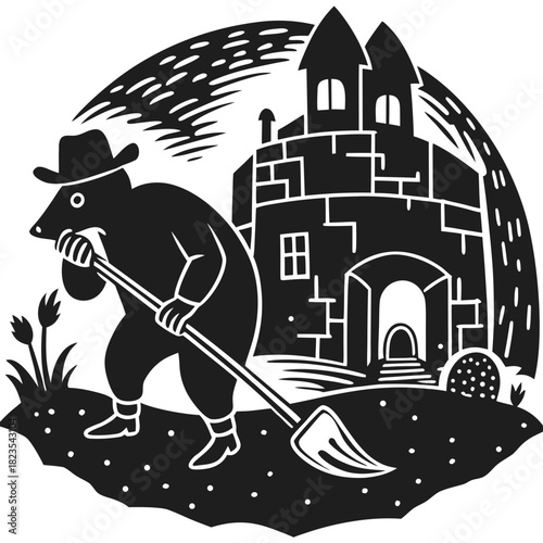 Mouse character shoveling dirt near a stylized castle building
