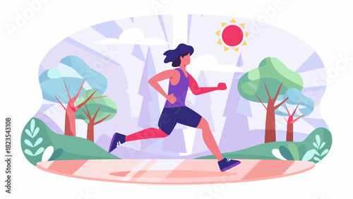 Active woman running through a scenic park on a sunny day enjoying outdoor fitness and healthy lifestyle