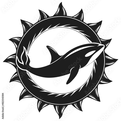 Orca killer whale marine sun emblem logo graphic design abstract