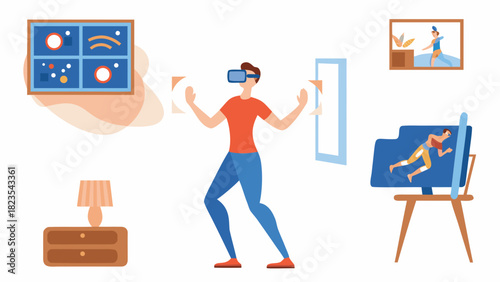 Man immersed in virtual reality experience interacting with digital environments and games