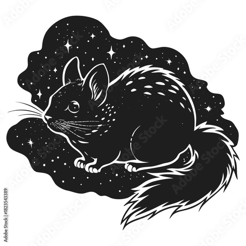 Chinchilla creature silhouette with cosmic starry night design