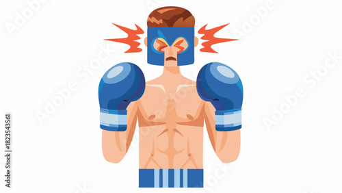 A boxer with blue gloves and a blue headguard experiences a painful blow with red impact lines radiating from his head