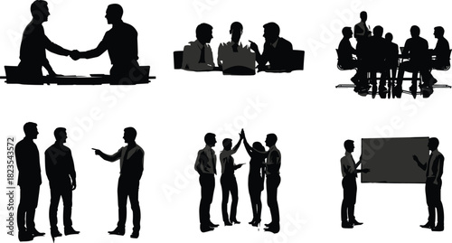 Set of Business Meeting and Teamwork Silhouettes: Vector Graphics Showing Professional Collaboration, Handshake, Discussion, and Presentation for Corporate Design Concepts