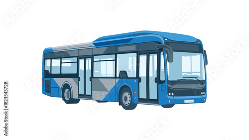 Modern city bus vector illustration with large windows, clean blue tones, aerodynamic shape, flat semi-realistic style, no branding, no text, isolated on white background