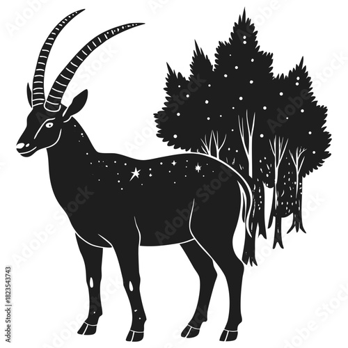 Celestial antelope with starry body standing in a mystical forest