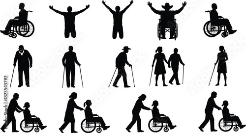 Set of disability silhouettes, people in wheelchairs, elderly walking with canes, caregivers assisting patients, handicapped vector collection isolated