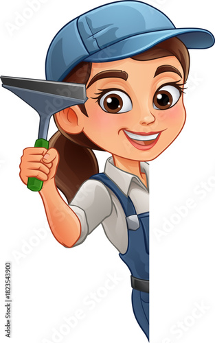 A woman female window cleaner or car wash worker holding a squeegee cleaning tool.