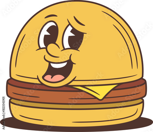 Playful hamburger cartoon character winking with a big cheerful smile. Friendly mascot vector illustration features melting cheese and a juicy patty. Perfect for food branding and advertising projects