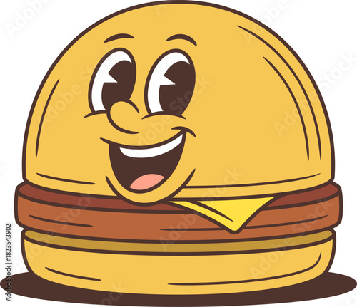 A playful cartoon hamburger character winking with a big friendly smile. Cheerful mascot vector illustration features melting cheese and juicy buns. Perfect for food branding projects and advertising