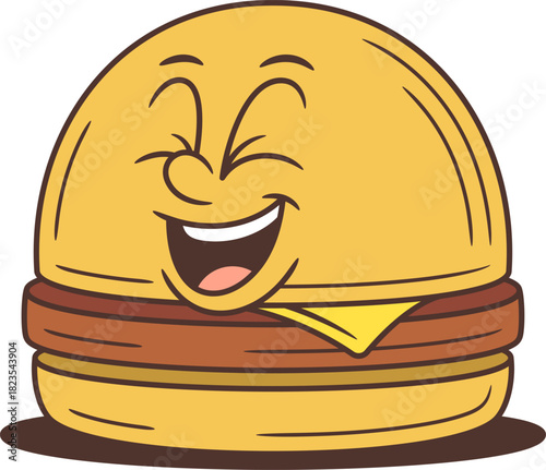 Cheerful cartoon hamburger character with squinted laughing eyes and a wide smile. Friendly food mascot vector illustration perfect for advertising, kids branding, and emoji