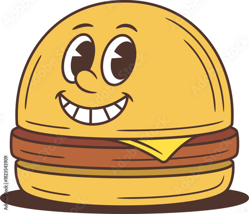 Friendly hamburger character with sparkling squinting eyes and joyful smile. Animated food mascot vector illustration suitable for advertising projects, restaurant promotions, and emoji packs
