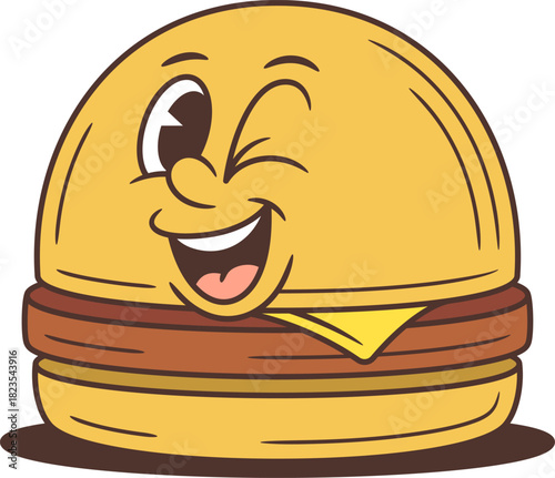 Playful cartoon burger character winking with a cheerful smile. This mascot vector illustration features melting cheese and a juicy patty. Perfect for food branding and advertising projects