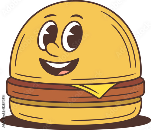 Joyful cartoon hamburger character with squinting laughing eyes and big smile. Cheerful food mascot vector illustration ideal for advertising campaigns, kids menu design, and emoji creation