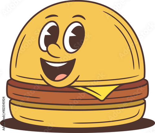 Animated food character with squinting eyes and cheerful smile. Cute hamburger mascot vector illustration perfect for advertising, restaurant branding, and digital stickers