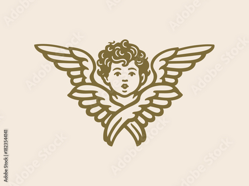 Seraphim angel head with wings vintage engraving vector illustration
