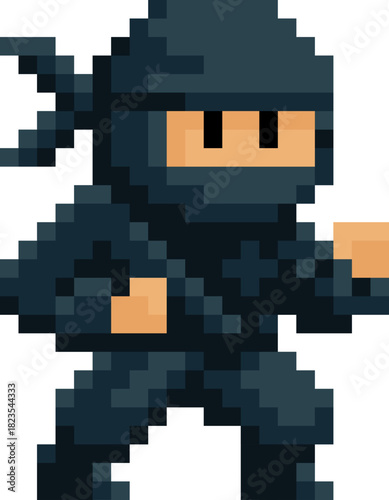 A ninja warrior or assassin fantasy cartoon character in a video game sprite pixel art style. 21 squares wide by 27 high