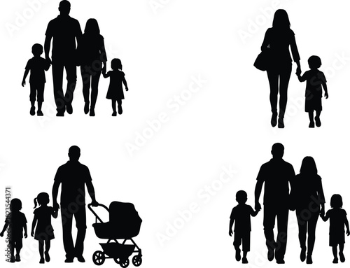 Set of family silhouettes, parents walking with children, father and mother holding hands with kids, stroller vector illustration, isolated on white