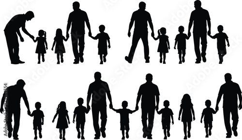 Set of Father and Child Silhouettes, Dad Holding Hands with Son and Daughter Walking Together Isolated on White Background, Vector