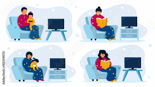 Cozy winter scenes of families relaxing indoors with entertainment and books