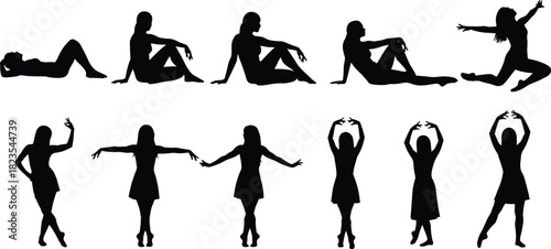 Set of female silhouettes in various poses, dancing, sitting, and exercising, black vector illustration isolated on white background