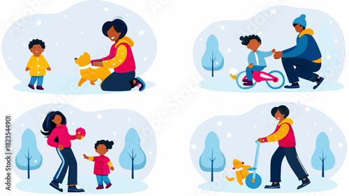 Diverse families enjoying winter outdoor activities together playing with dogs riding bikes and using scooters in the snow