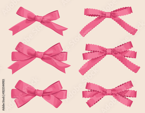 Hand-drawn style hot pink thin ribbon bow collection  vector illustration