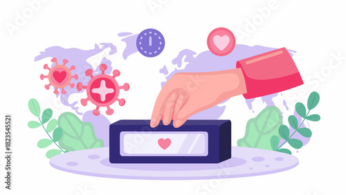 Global health charity donation during pandemic crisis with time and heart symbols