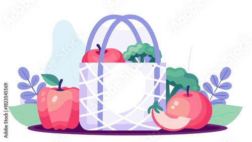 Fresh produce basket with apples and broccoli surrounded by decorative leaves and abstract shapes