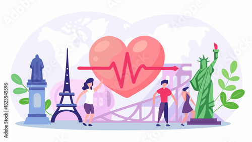 Global travel and tourism with a focus on health and wellbeing represented by iconic landmarks and a heartbeat