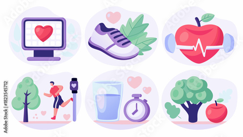 Healthy lifestyle icons representing fitness nutrition and wellness activities for a balanced life