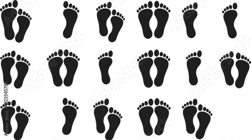 Set of human footprint silhouettes, black bare feet vector collection, walking steps icons, isolated on white background