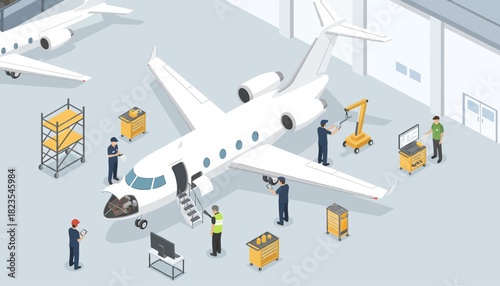 Illustration of workers servicing a white airplane in a hangar with various equipment and tools.