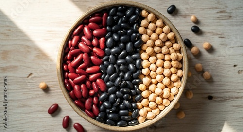 Variety of dried beans in a bowl on a rustic wooden table