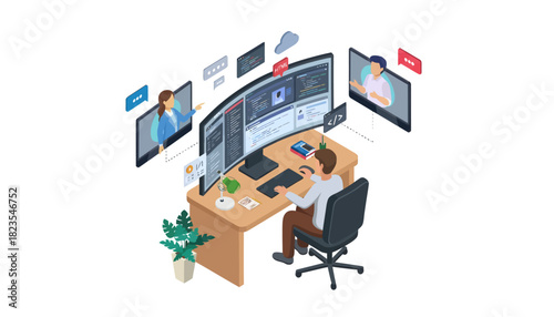 Isometric view of a man working on multiple computer screens at a desk with office supplies and a plant