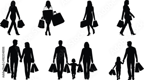 Set of shopping people silhouettes, women with bags, happy family and couples walking, retail vector illustration, isolated on white
