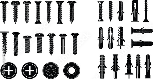 Set of screw and wall plug silhouettes, black fastener icons, construction hardware vector collection, isolated on white background