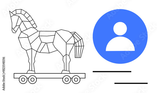 Geometric Trojan horse on wheels beside a user avatar circle, conveying cybersecurity risks. Ideal for online safety, hacking, data protection, vulnerability, intrusion, IT security, simple flat
