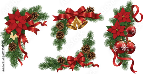 Christmas decorations with pinecones, poinsettia, red ribbons, bells, festive ornaments, holiday floral elements, seasonal craft design, winter celebration accents