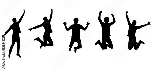 Group of five people (men and women) jumping and cheering with arms raised. Black silhouettes symbolizing joy, excitement, success, celebration, freedom, happiness, and teamwork.