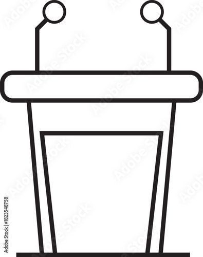 A simple black and white line art illustration of a speaker's podium with two microphones, isolated on a white background.