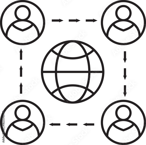Line art icon representing a global network connecting people around the world for communication and collaboration.